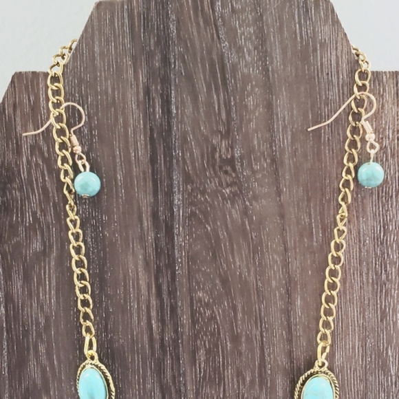 Gold & Turquoise Necklace & Earring Set - Picture 3 of 6